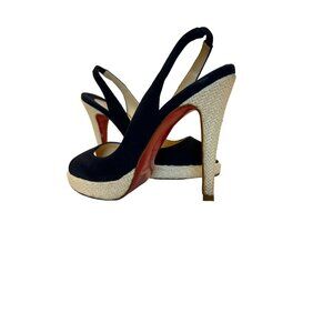 Christian Louboutin Womens Peep-Toe Slingback Heels Navy Suede & Woven Platform
